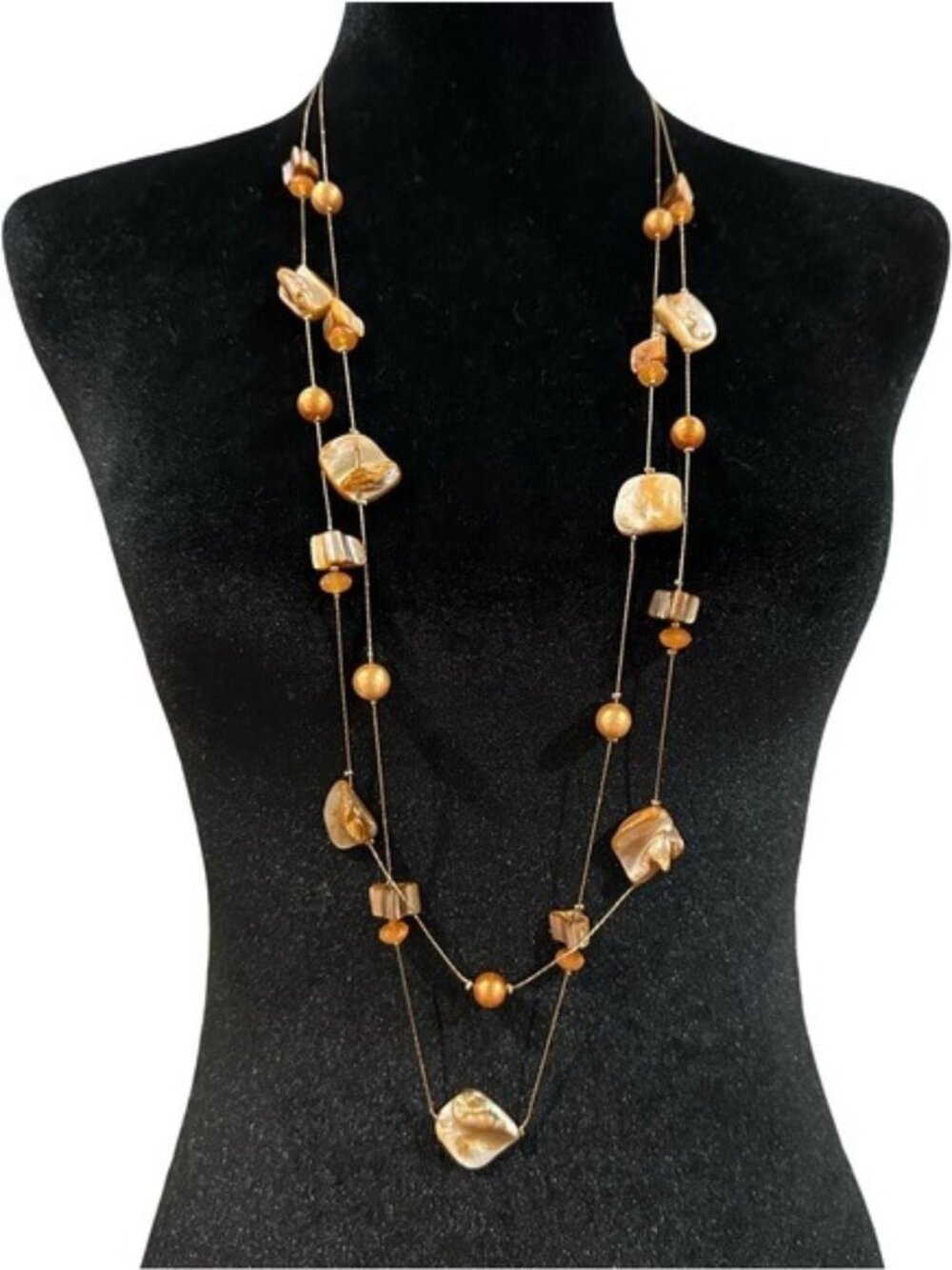 Dyed Seashell Beaded Necklace Double Strand Gold Tone Vintage Long Length